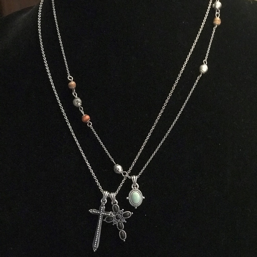 Multi-strand silver Lucky Brand necklace, cross
